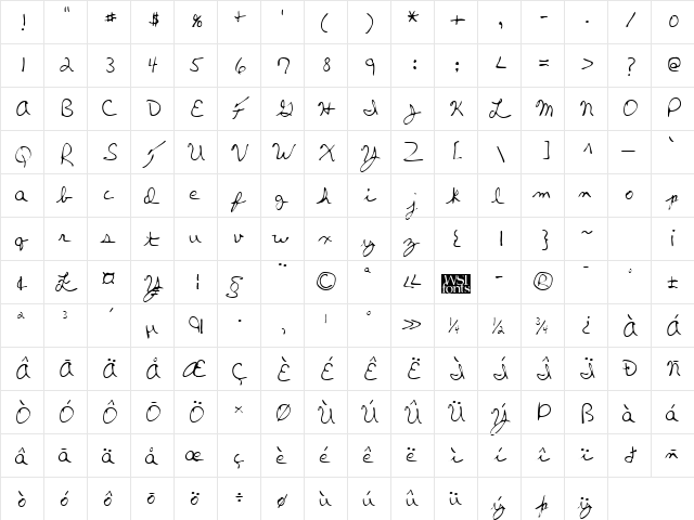 VanessasHand Regular  glyph index