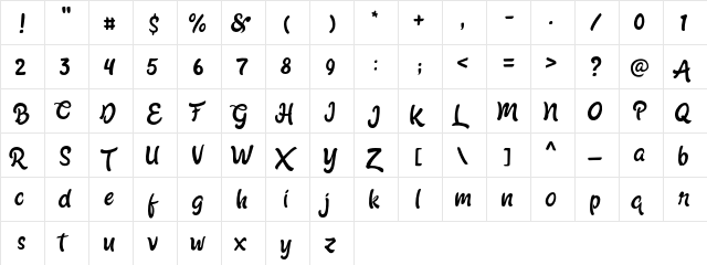 Shabrina Free Regular  glyph index