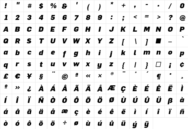 FlamaBlack Italic  glyph index