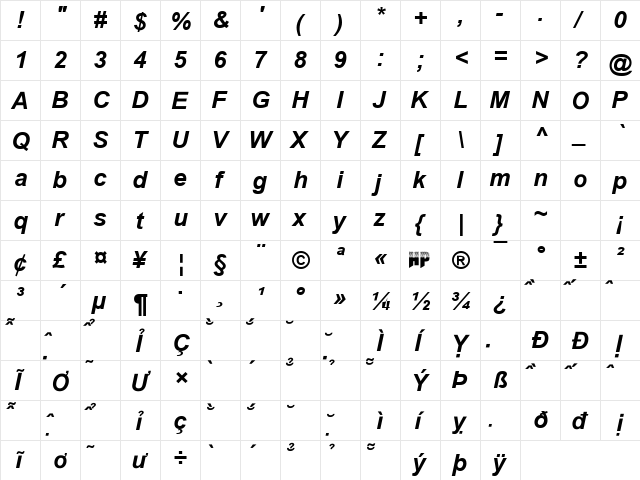 HP-Arial Bold Italic  glyph index