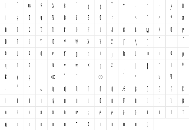 Tall Regular  glyph index