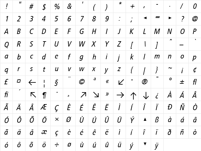 TransitBack Italic  glyph index