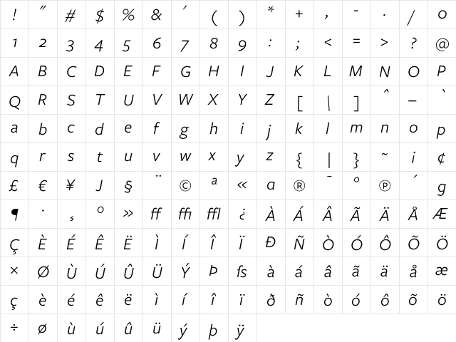 Freight Sans Book Italic  glyph index