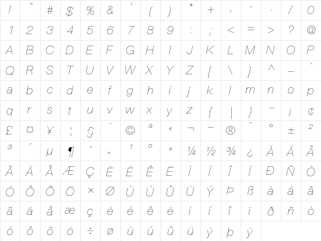 Helvetica26-UltraLight Ultra LightItalic  glyph index