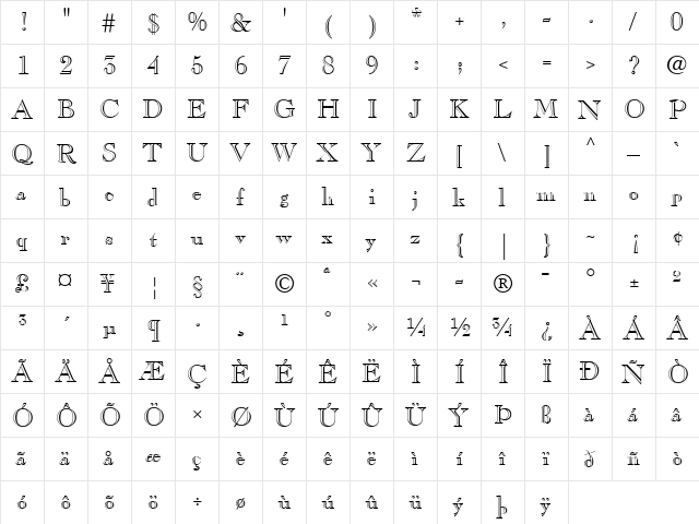CaslonOpenFace LT Regular  glyph index