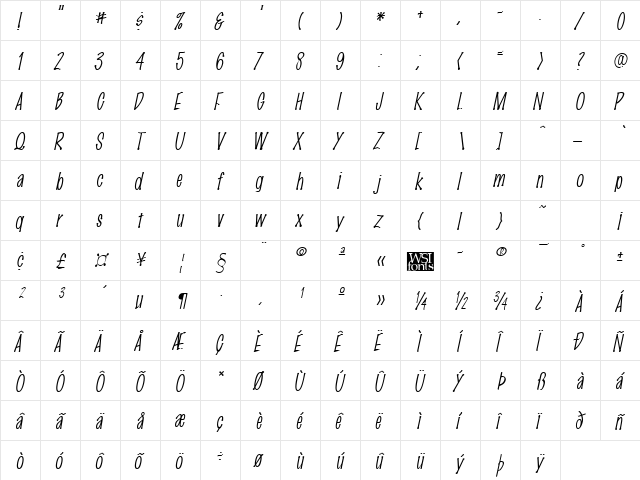 MarkingPen-Thin Italic  glyph index