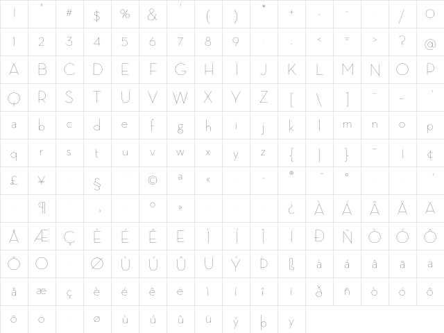 Neutra Display Thin Regular  glyph index