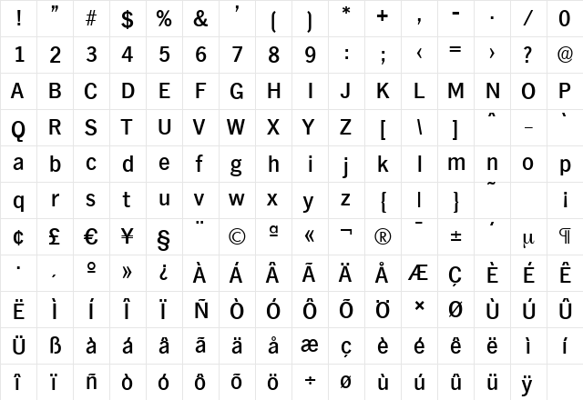 HamburgSerial-Medium Regular  glyph index