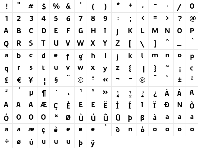 PreciousSans Bold  glyph index