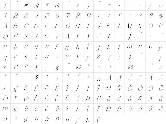 Luimp Light Italic Light  glyph index