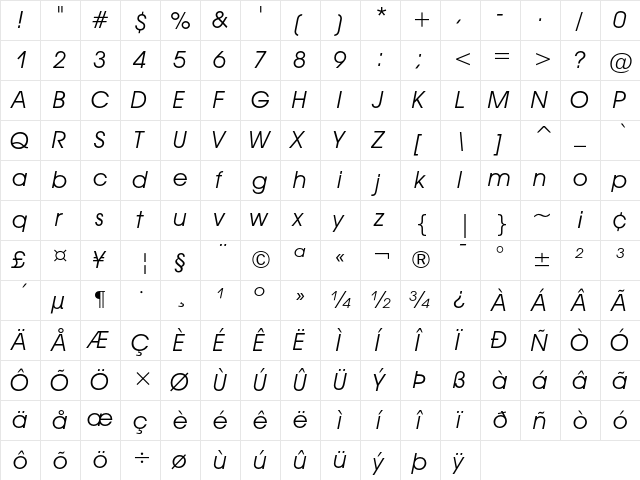 ITC Avant Garde Gothic Book Oblique  glyph index