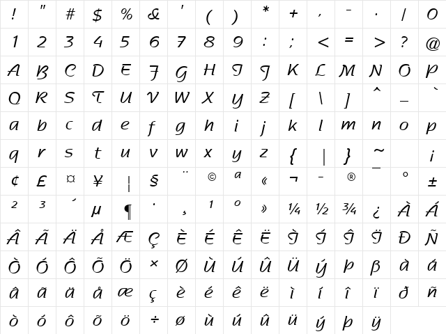 Nadianne Medium ATT Regular  glyph index