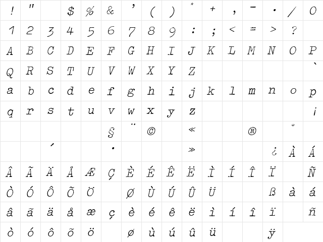 OldTypewriterLigObl Regular  glyph index