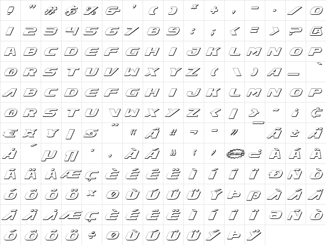 Xcelsion Shadow Italic Shadow Italic  glyph index