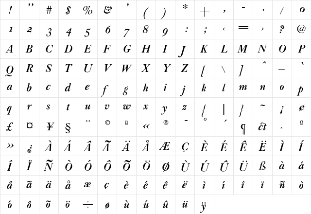 CaslonBoldH-Italic Regular  glyph index