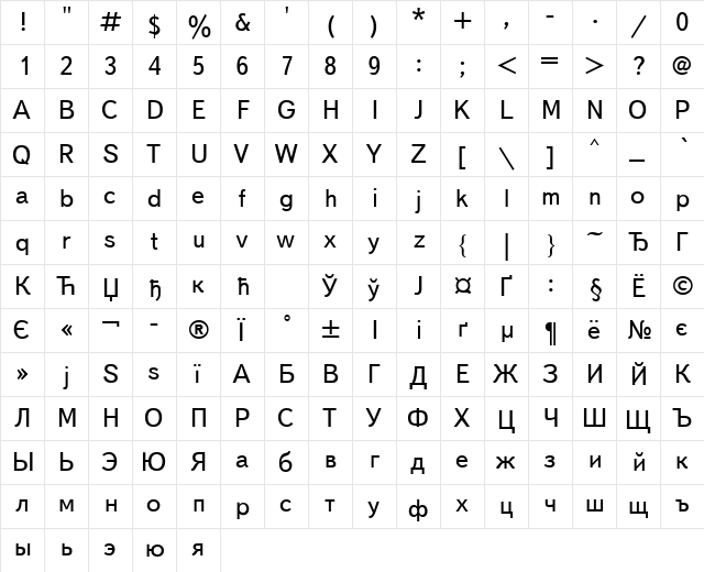 TextBookCTT Regular  glyph index