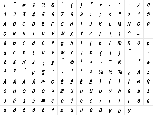 Holland-Condensed Bold Italic  glyph index