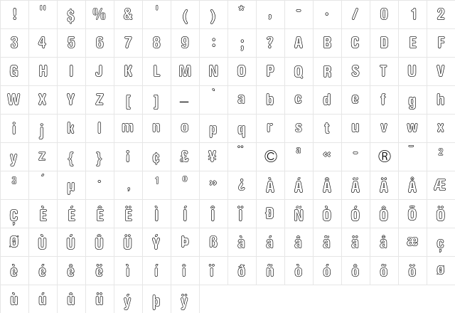 AG Book Rounded Bold Condensed Outline  glyph index