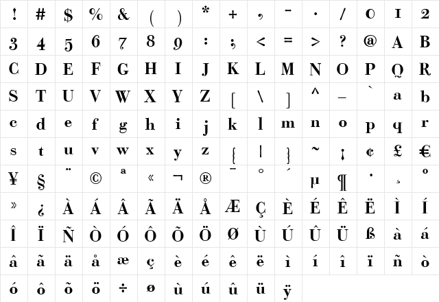 Bodoni Classic Ad Bold  glyph index