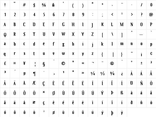 Zeitgeist MT Bold  glyph index