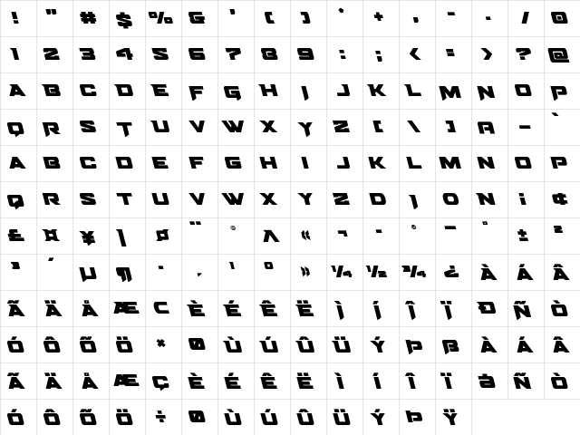 Bomber Escort Leftalic Regular  glyph index