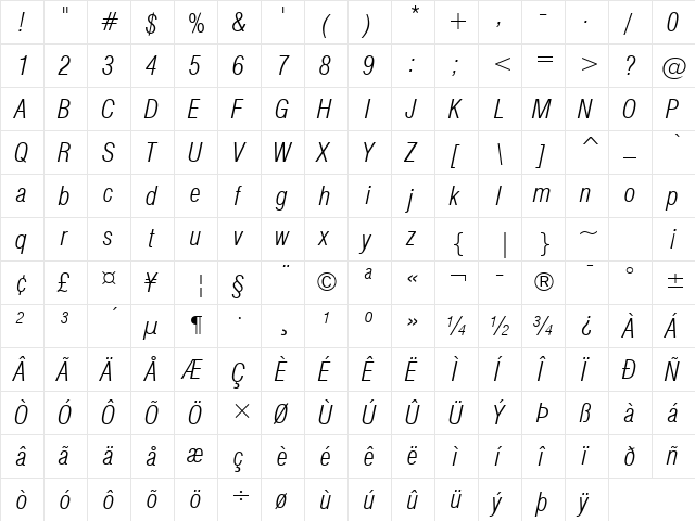 Swis721 LtCn BT Light Italic  glyph index