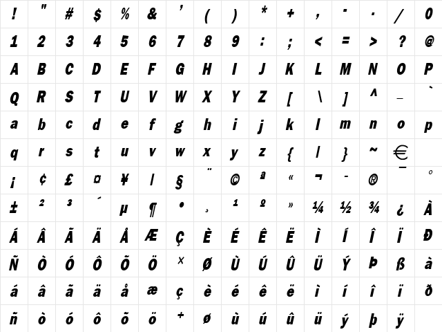 FrancisGothicReduced Italic  glyph index