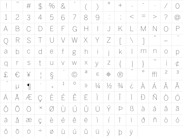 BentonSans Thin  glyph index