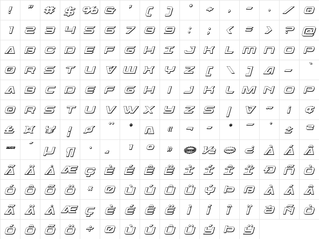 Dameron 3D Italic Italic  glyph index
