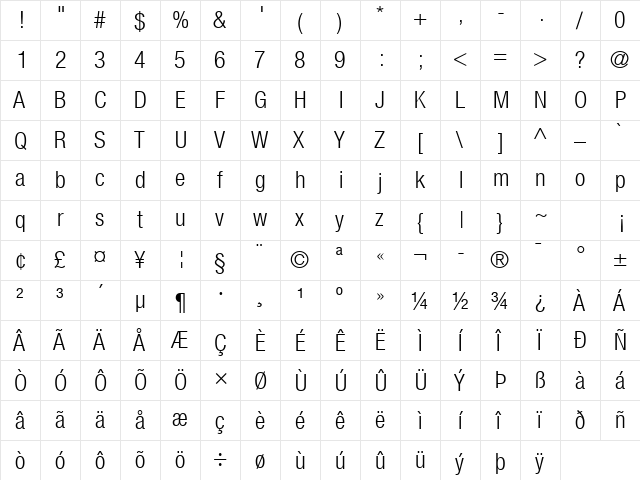 Helvetica Neue LT Com 47 Light Condensed  glyph index