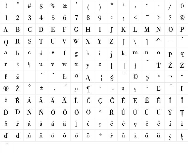 BodoniAntTEE Regular  glyph index