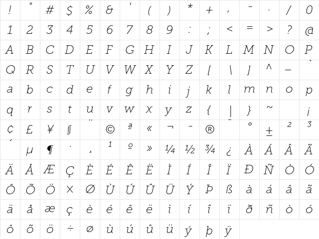 Museo Slab 100 Italic  glyph index