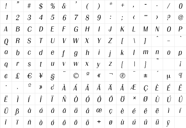 GrenobleSerial-Light Italic  glyph index