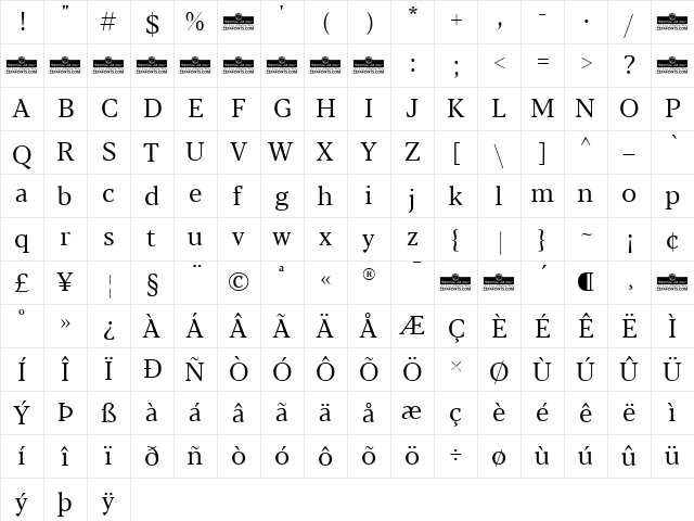 Blacker Text Book  glyph index