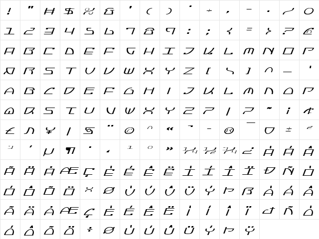 Jumptroops Light Italic Light Italic  glyph index