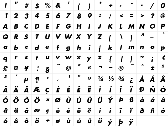 Futura BoldItalic  glyph index