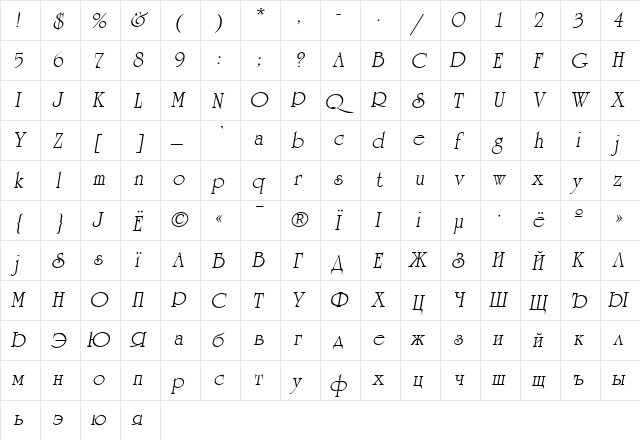 AGReverence-Oblique Medium  glyph index