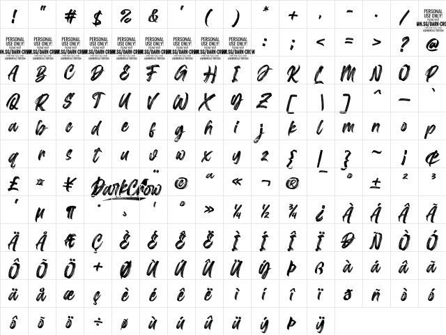 Dark Crow Italic PERSONAL USE Regular  glyph index