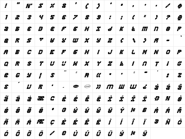 Zoom Runner Condensed Italic Condensed Italic  glyph index