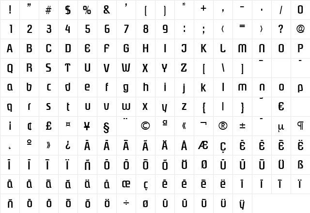 Pasadena-Medium Regular  glyph index