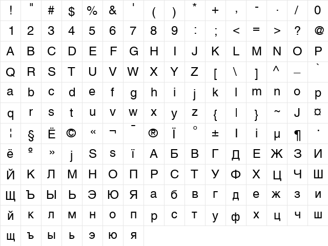 AGHelveticaCyr Roman  glyph index