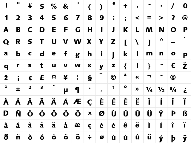 Syntax LT Black Regular  glyph index