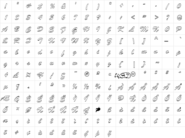 BrushedScript Hollow Regular  glyph index
