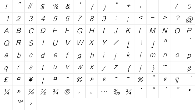 XiengThong Unicode Italic  glyph index