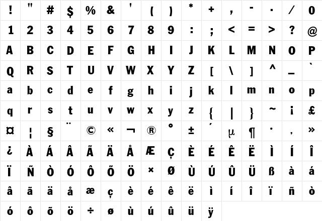 FranklinATFCondensedBQ Regular  glyph index
