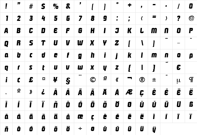 Pasadena-BoldIta Regular  glyph index