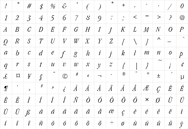 GaramondLitCdITC Italic  glyph index