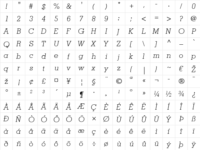 Memphis LT Light Italic  glyph index