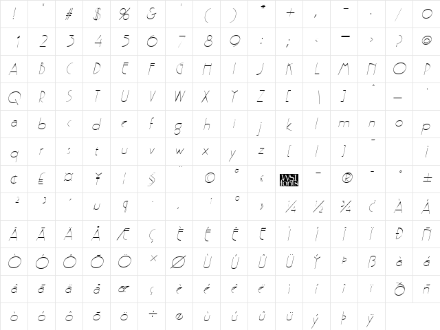 Gatsby Italic  glyph index