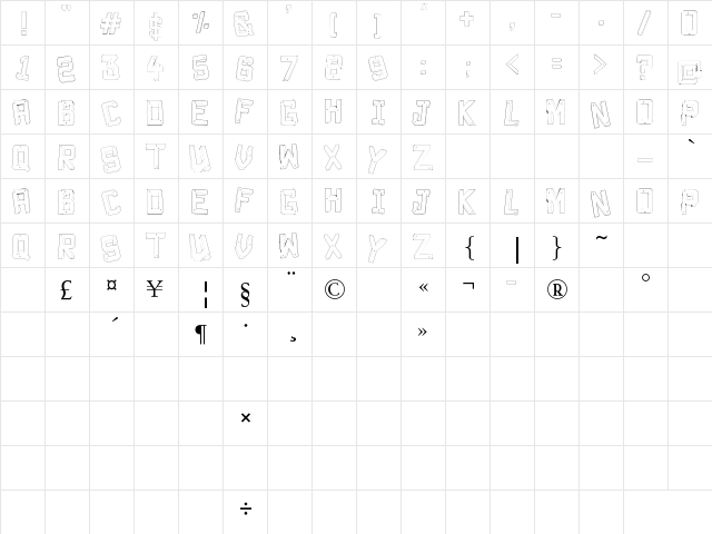Decade 3d Regular  glyph index